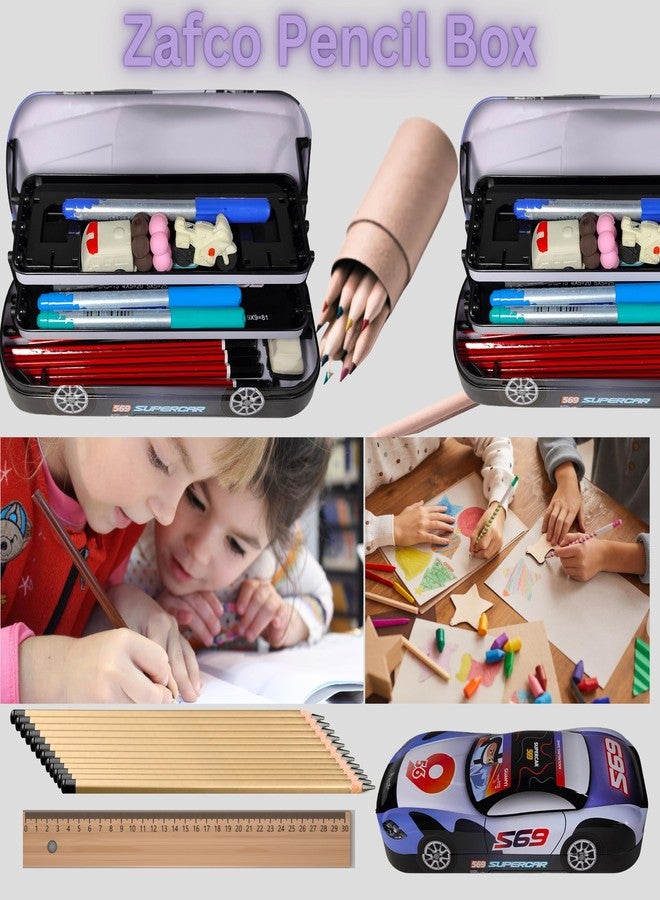 ZAFCO Metal Pencil Box for Boys | Compass for Kids | Pen Box for Students | Geometry for School | Car Theme | Birthday Return Gift 1 Unit (Black) - Image 3
